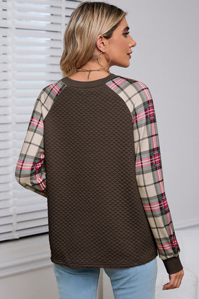 Brown Plaid Print Waffle Quilted Raglan Sleeve Sweatshirt-True and Wild