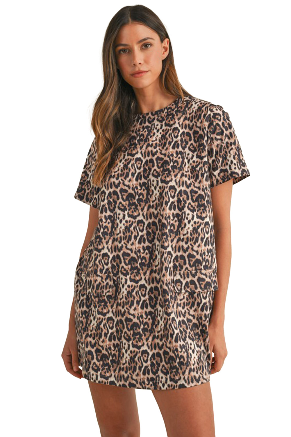 Brown Leopard Print Short Sleeve Pocket Mini Dress