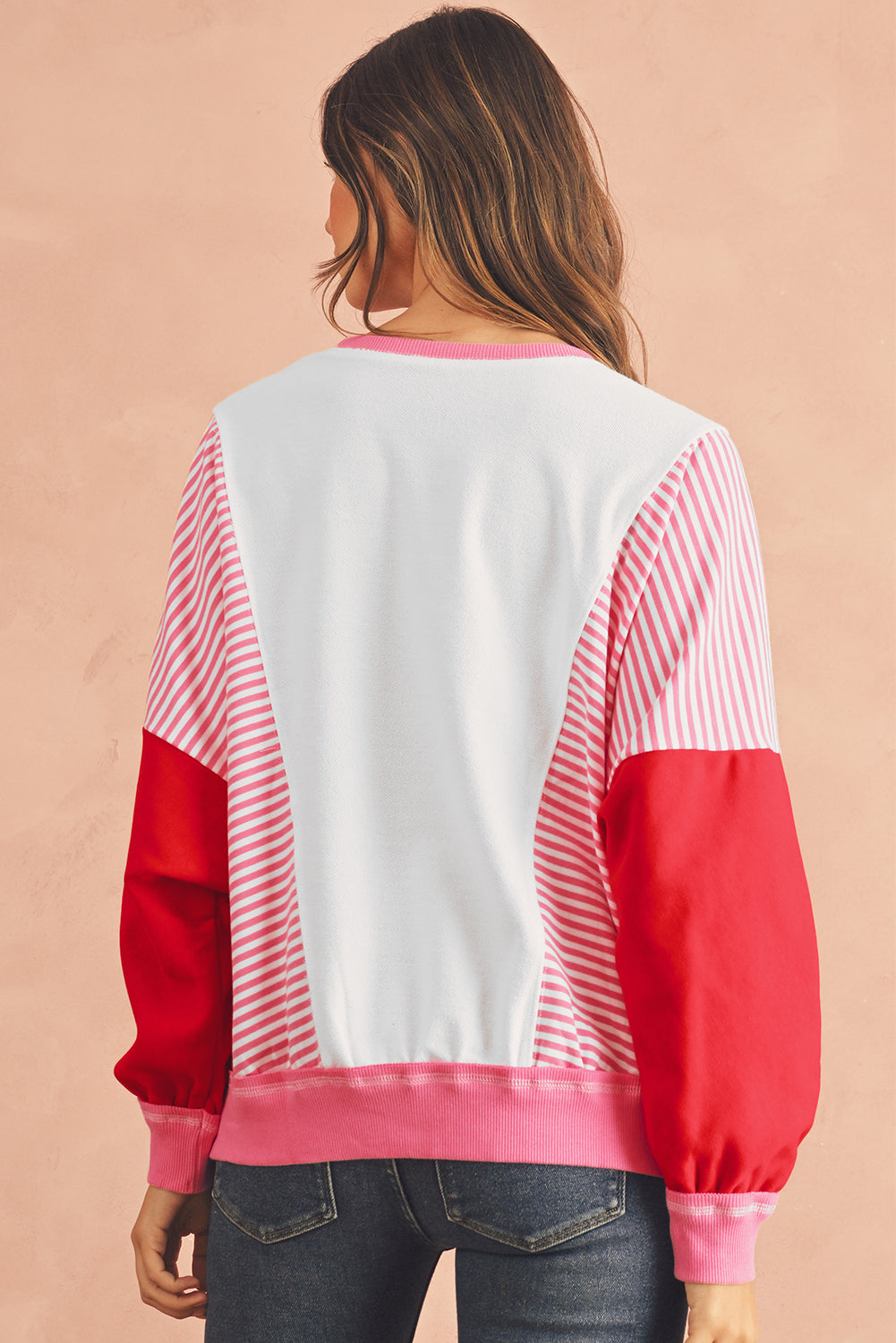 Rose Red Striped Patchwork Side Pocket Loose Sweatshirt-True and Wild