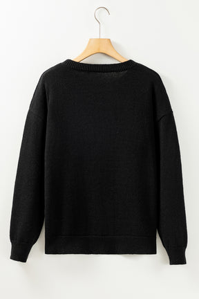 Black Holly Jolly Round Neck Casual Sweater-True and Wild