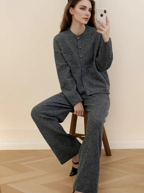 Pocketed Round Neck Button Up Cardigan and Pants Sweater Set