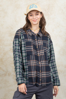 Plaid Collared Neck Button Up Long Sleeve Shirt-True and Wild