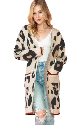 Leopard Print Open Front Pockets Midi Cardigan-True and Wild