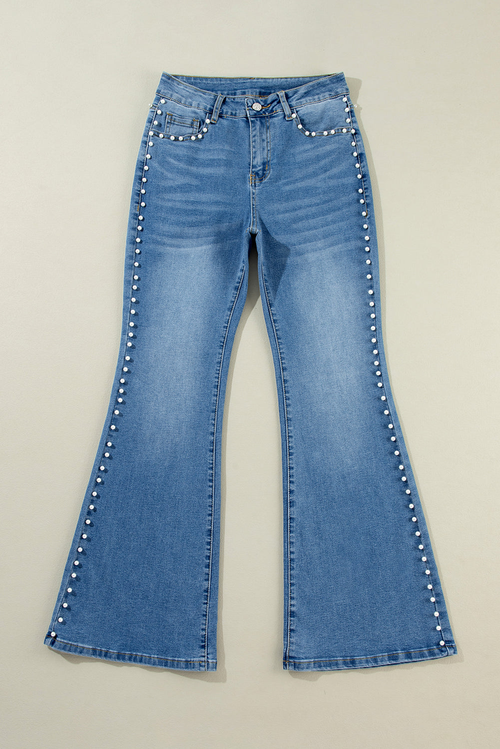 Dusk Blue Pearl Decor High Waist Flared Jeans-True and Wild