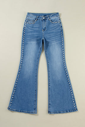 Dusk Blue Pearl Decor High Waist Flared Jeans-True and Wild