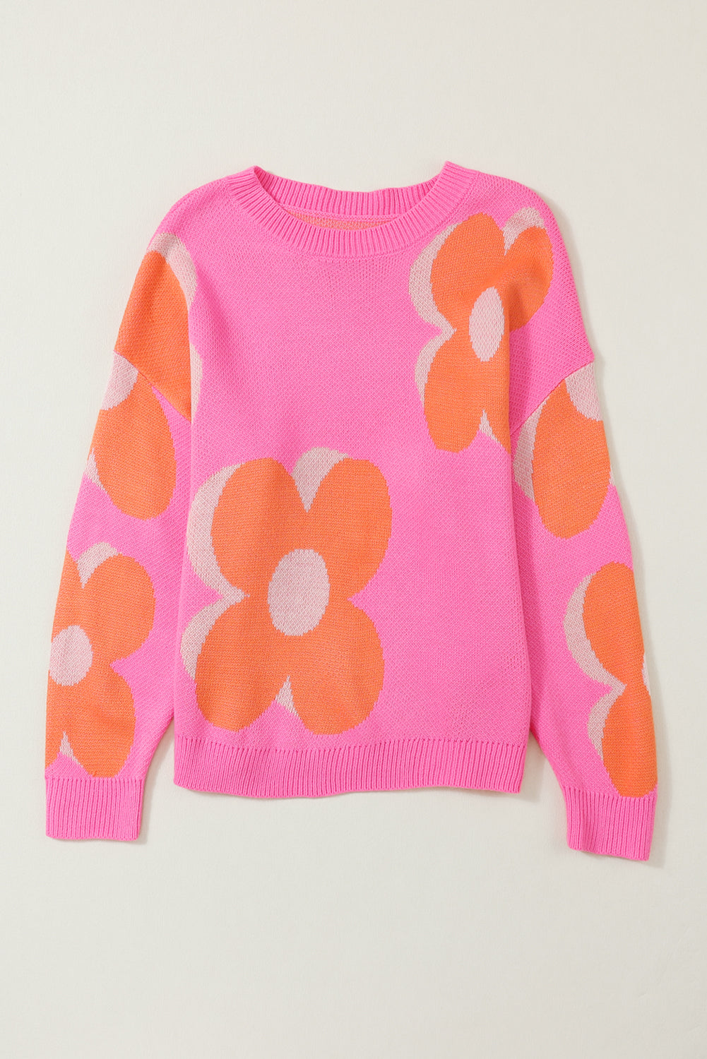 Pink & Orange 60s Floral Cable Knitted Sweater-True and Wild