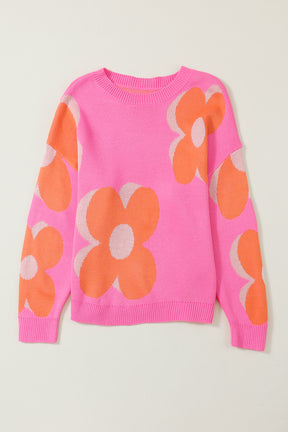 Pink & Orange 60s Floral Cable Knitted Sweater-True and Wild