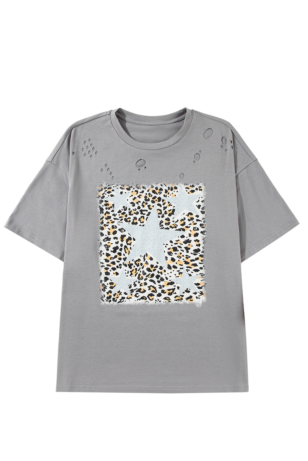 Medium Grey Stars Leopard Graphic Ripped Distressed Tee