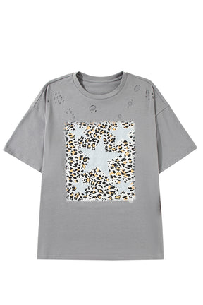 Medium Grey Stars Leopard Graphic Ripped Distressed Tee