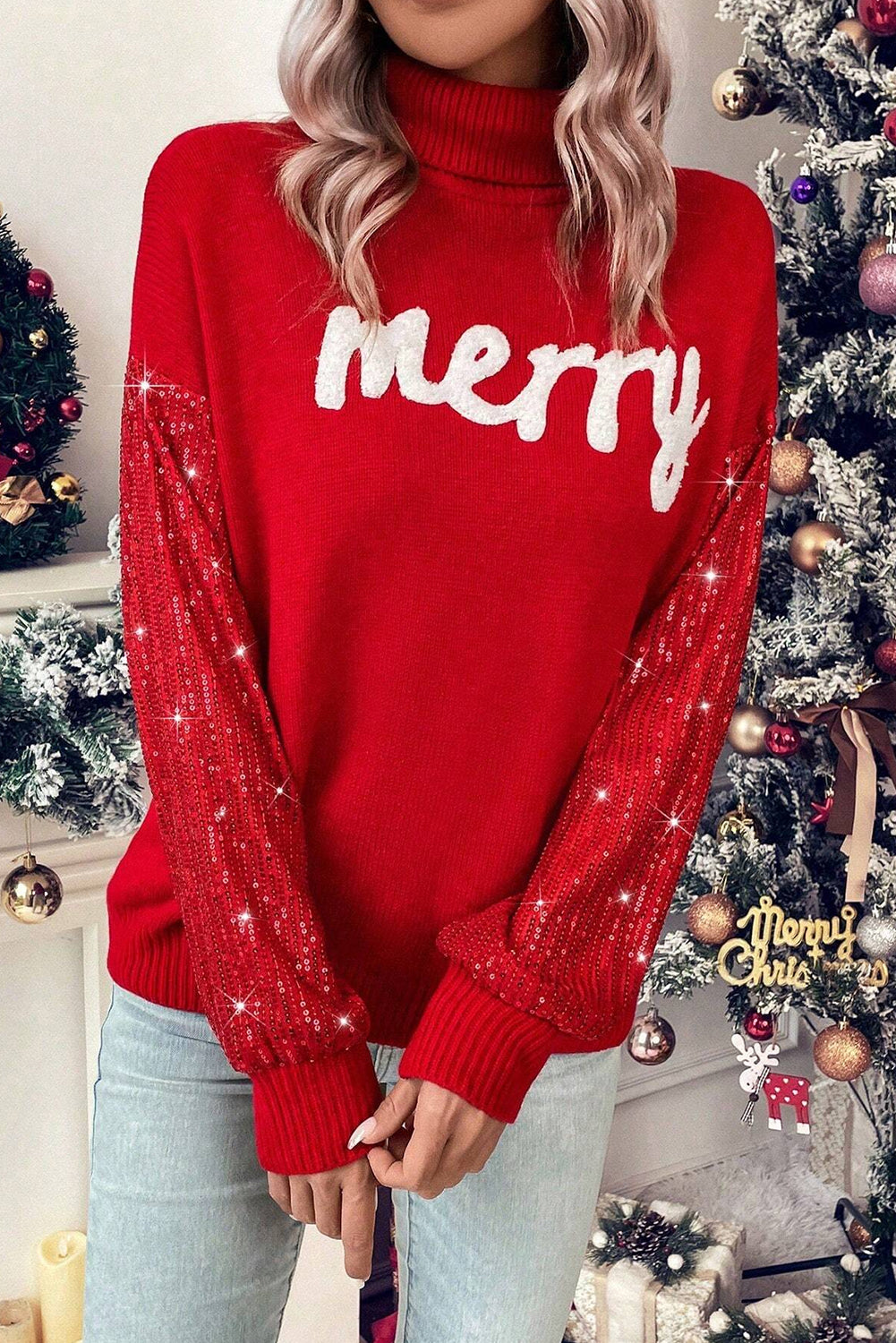 Racing Red Merry Graphic Sequin Sleeves Christmas Sweater-True and Wild