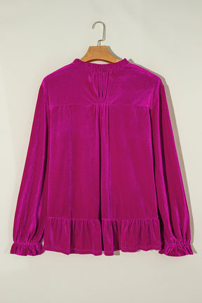 Bright Pink Plus Size Ruffled Sleeve V Neck Velvet Blouse-True and Wild