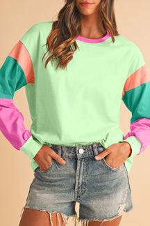 Rose Red Color Block Sleeve Loose Fit Top-True and Wild