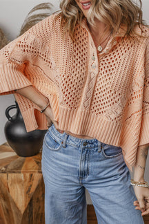 Apricot Pink Hollowed Knit 3/4 Dolman Sleeve Buttoned Collared Sweater-True and Wild