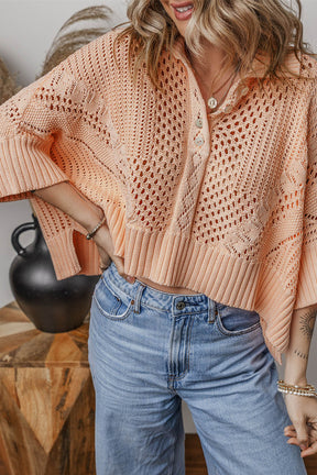 Apricot Pink Hollowed Knit 3/4 Dolman Sleeve Buttoned Collared Sweater-True and Wild