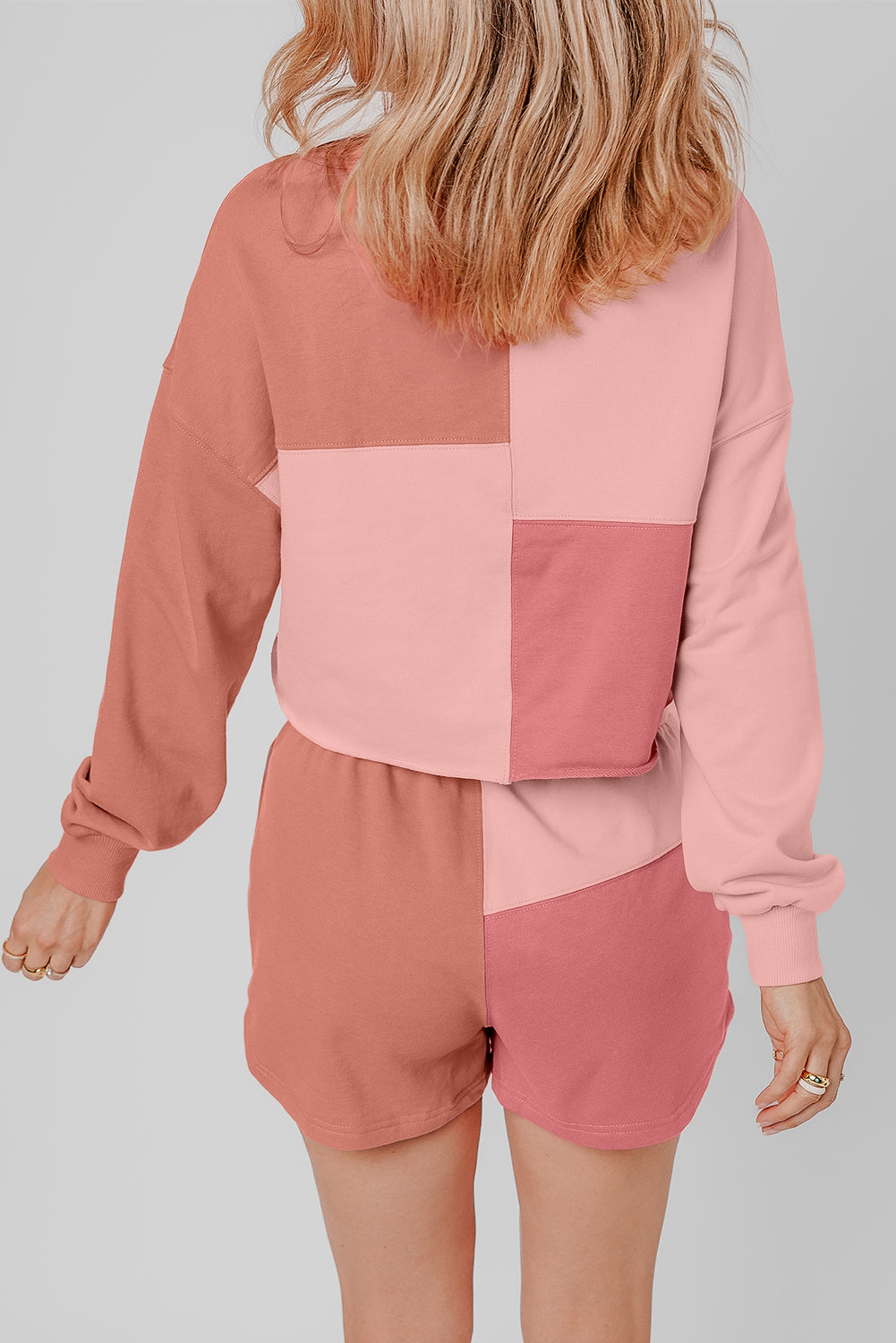 Peach Blossom Colorblock Long Sleeve Top & Pocketed Shorts Set-True and Wild