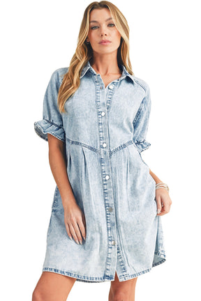 Blue Mineral Washed Ruffled Short Sleeve Pocketed Denim Dress-True and Wild