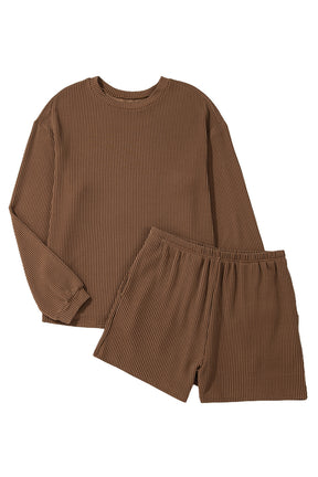 Chestnut Corded Long Sleeve Top and High Waist Shorts Set-True and Wild