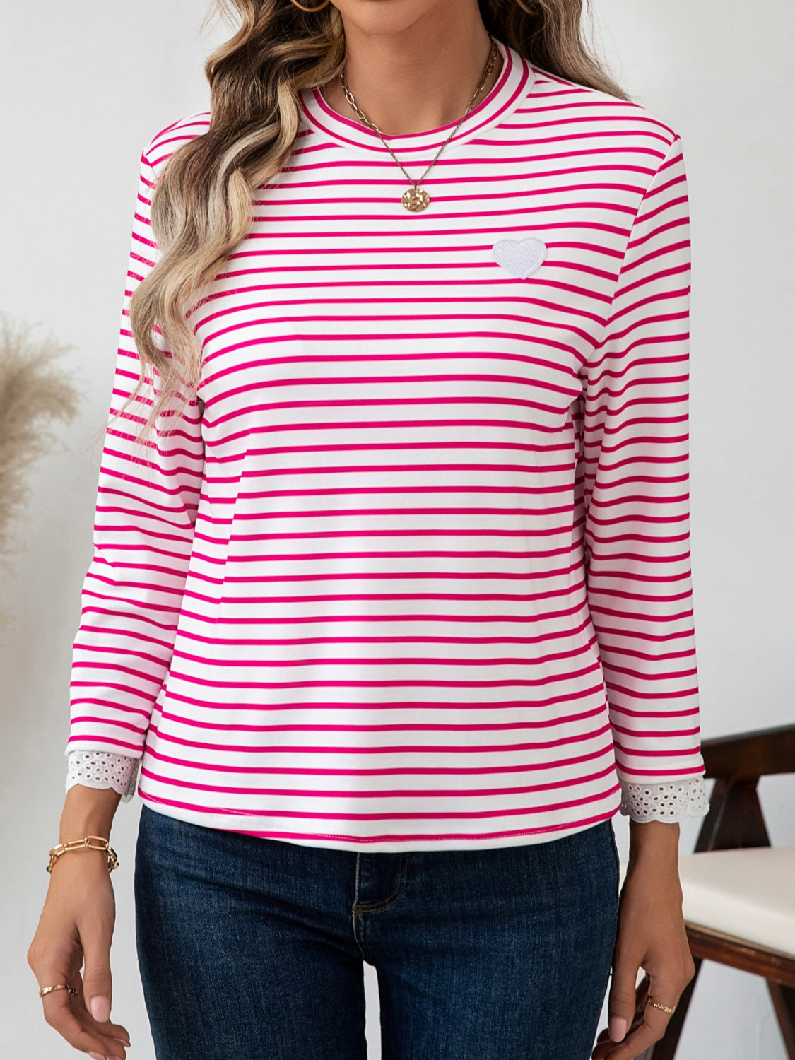 Heart Striped Round Neck Long Sleeve T-Shirt-True and Wild