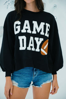 Black GAME DAY Graphic Varsity Pullover Sweatshirt-True and Wild