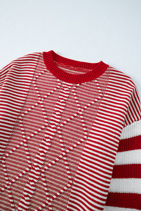 Red Stripe Twisted Knitted Drop Shoulder Sweater-True and Wild