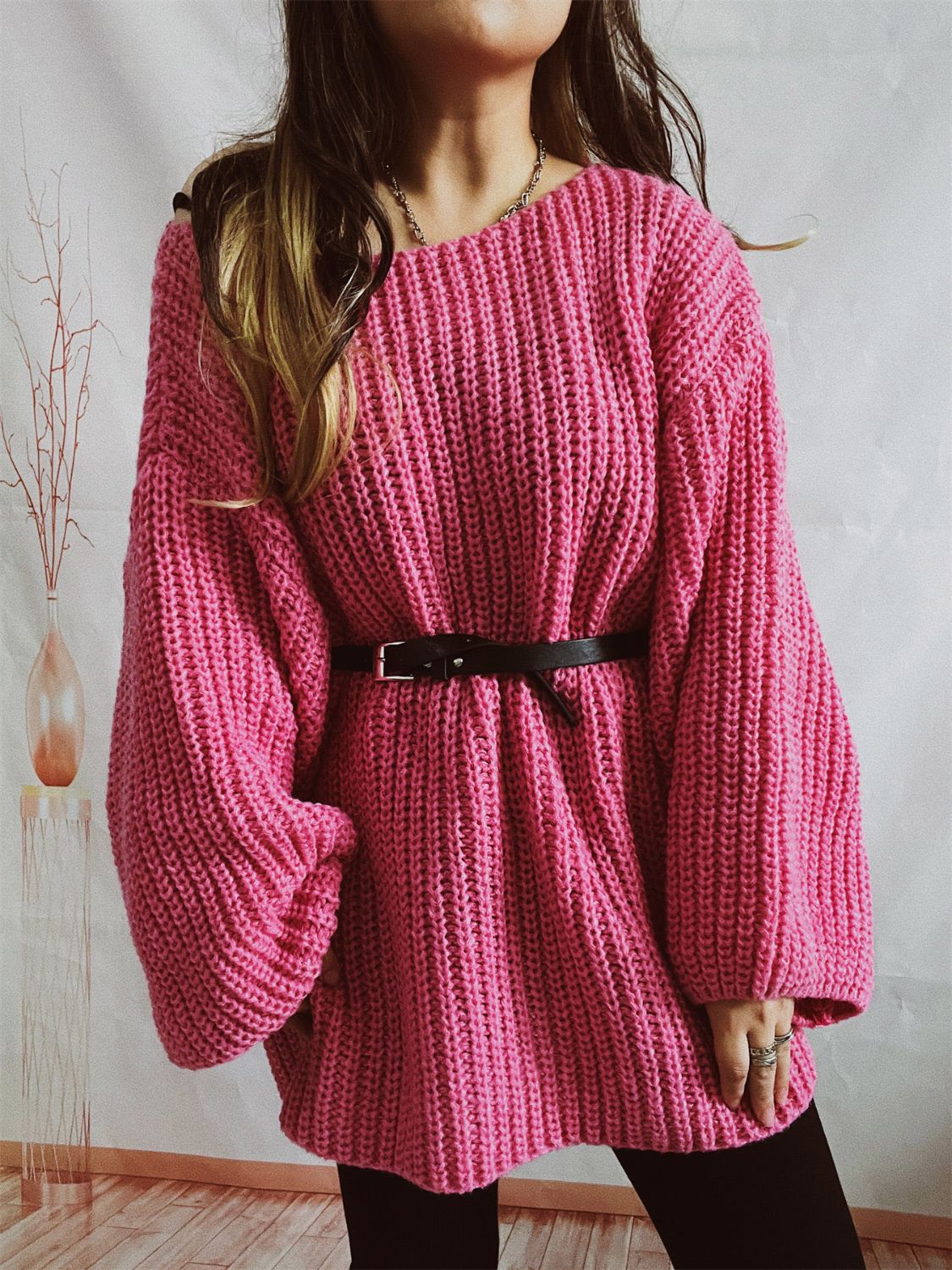 Boat Neck Long Sleeve Sweater With Belt