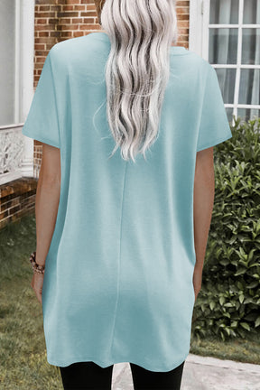 Light Blue Plain Loose Pocket Casual Tunic Long T-Shirt-True and Wild