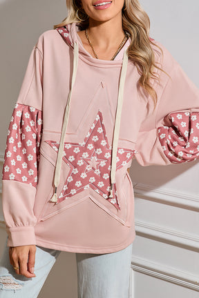 Apricot Floral Patchwork Star Pattern Drawstring Hoodie