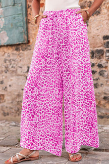 Bright Pink Boho Leopard Print Wide Leg Pants-True and Wild