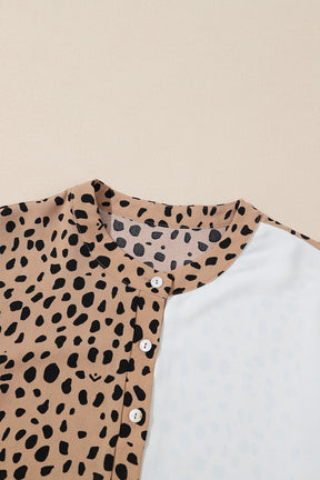 Khaki Leopard and White Patchwork Henley Blouse-True and Wild