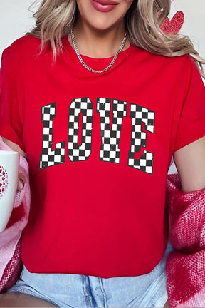 Red Checkered LOVE Letter Graphic Valentines Crewneck T Shirt-True and Wild