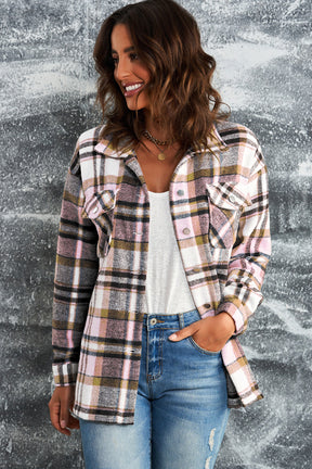 Khaki Plaid Print Casual Button Up Pocket Shacket-True and Wild