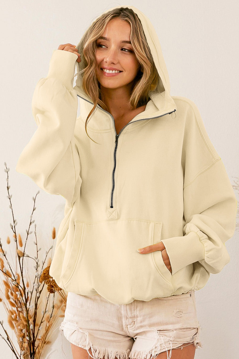 Yellow Solid Color Half Zip Pullover Hoodie with Kangaroo Pocket