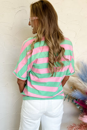 Pink Stripe Colorblock Cuffed Sleeve Loose Tee-True and Wild