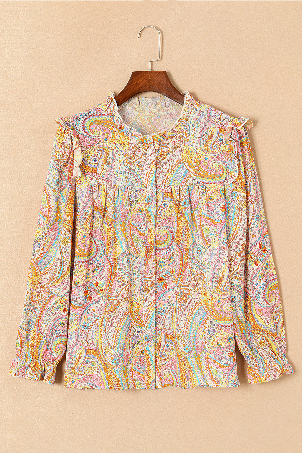 Yellow Paisley Print Ruffled Trim Button Up Boho Blouse