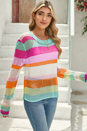 Rose Red Colorblock Striped Hollow Knitted Top-True and Wild