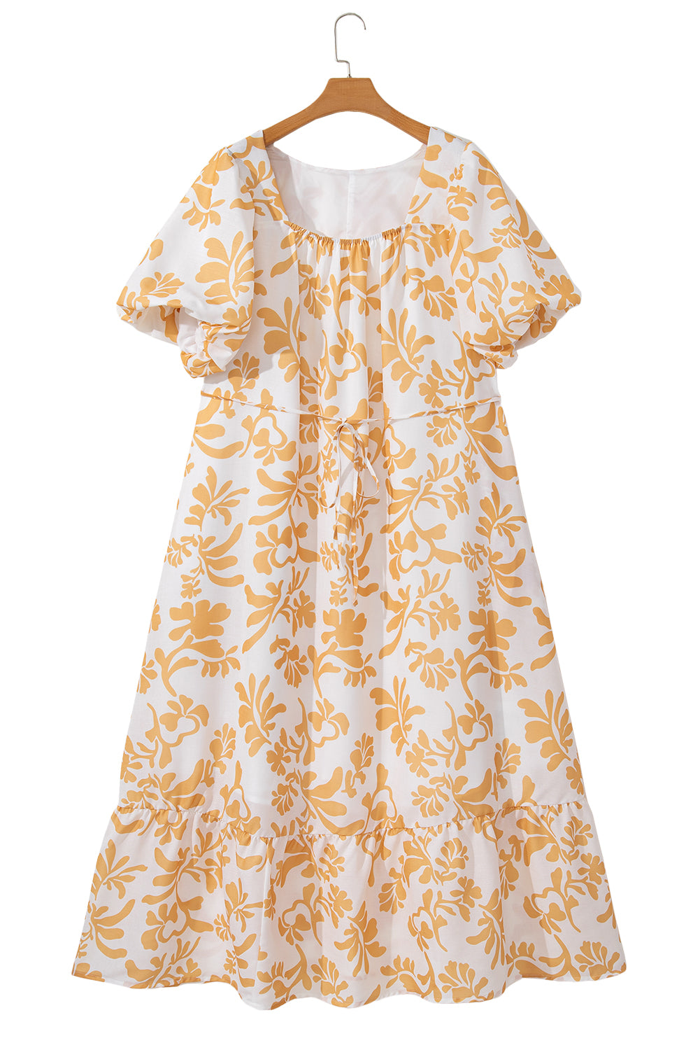 Apricot Floral Print Puff Short Sleeve Resort Plus Size Maxi Dress