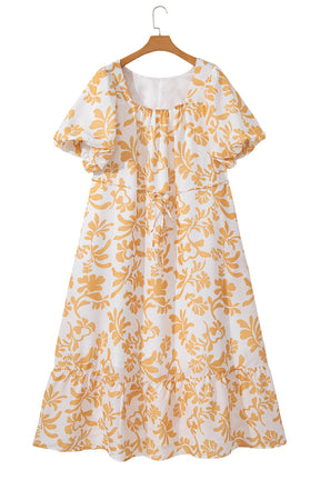 Apricot Floral Print Puff Short Sleeve Resort Plus Size Maxi Dress