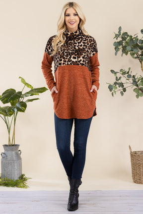 Celeste Full Size Curved Hem Leopard Turtleneck Long Sleeve Blouse-True and Wild