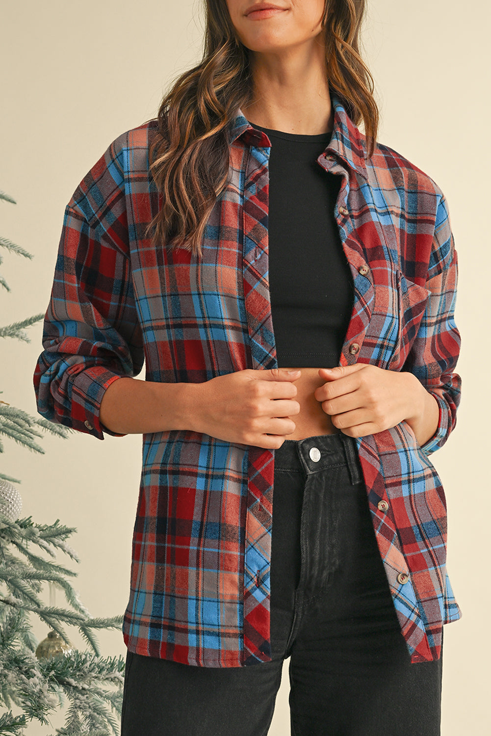 Red Plaid Print Drop Sleeve Loose Shirt-True and Wild