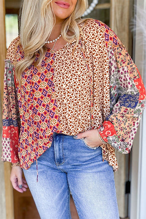 Orange Floral Geometric Patchwork Lace-up Plus Size Blouse-True and Wild