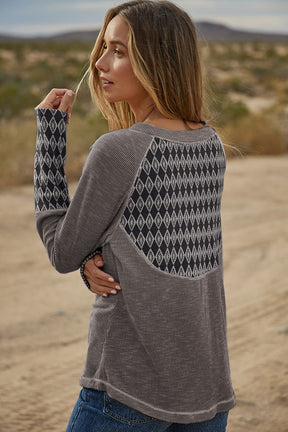 Gray Ribbed Casual Geometric Patchwork Long Sleeve Top-True and Wild