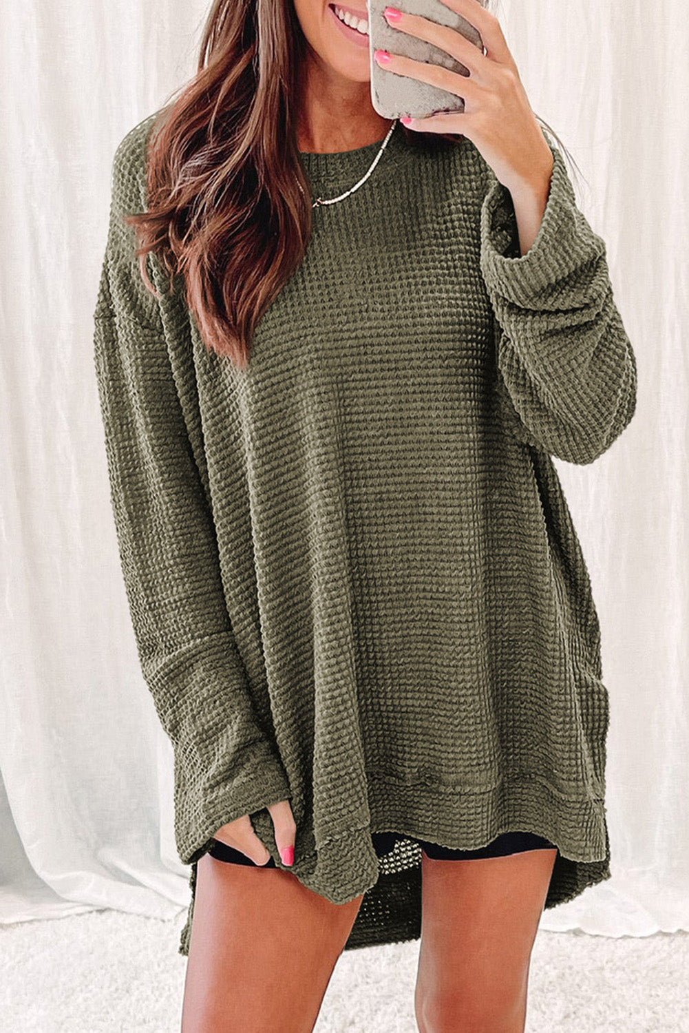 Green Waffle Knit Drop Sleeve High Slits Oversized Top-True and Wild