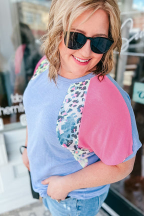 Sky Blue Leopard Print Colorblock Plus Size T Shirt