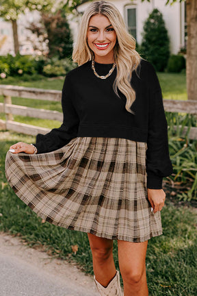 Black Plaid Patchwork High Waist Sweatshirt Mini Dress-True and Wild