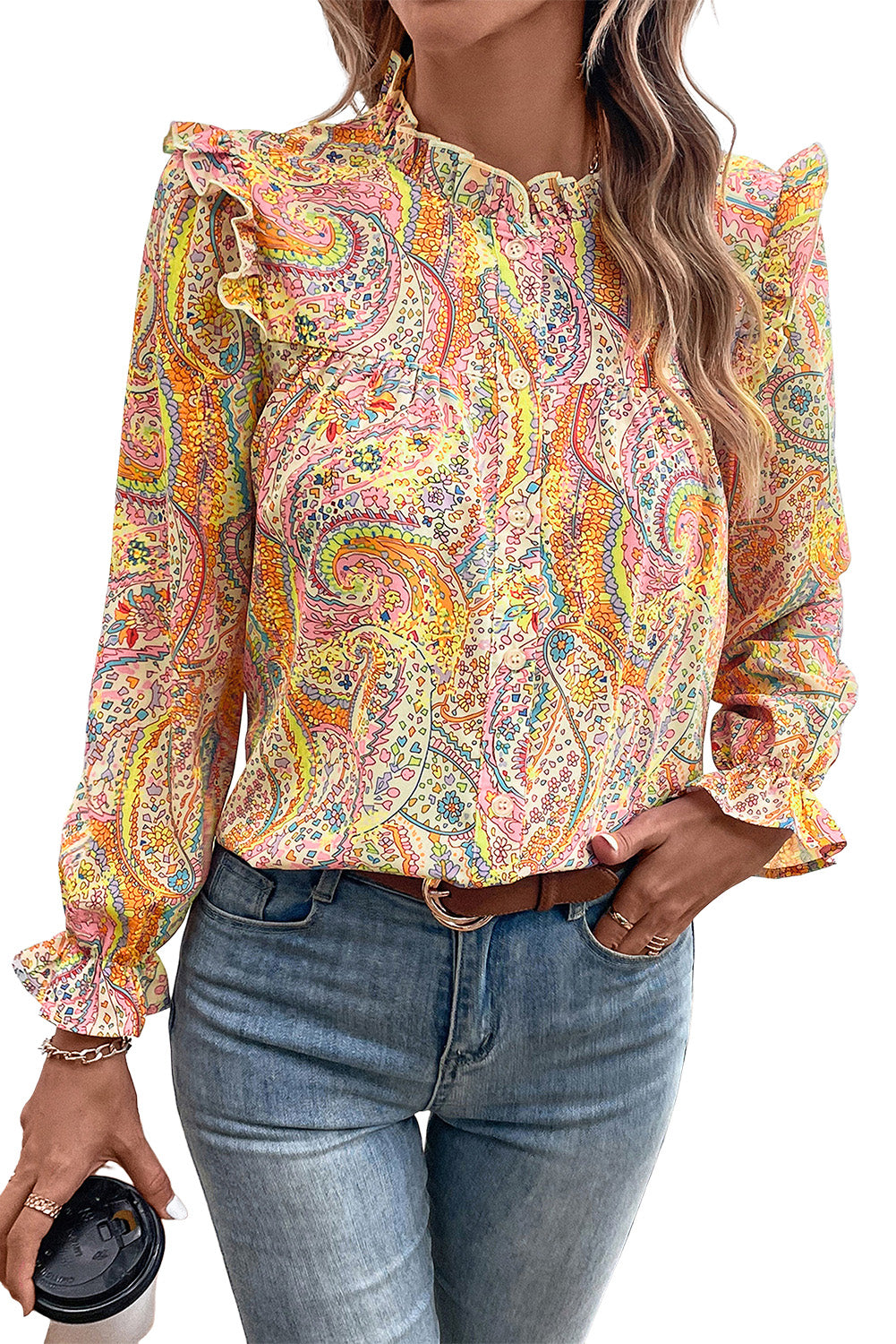 Yellow Paisley Print Ruffled Trim Button Up Boho Blouse