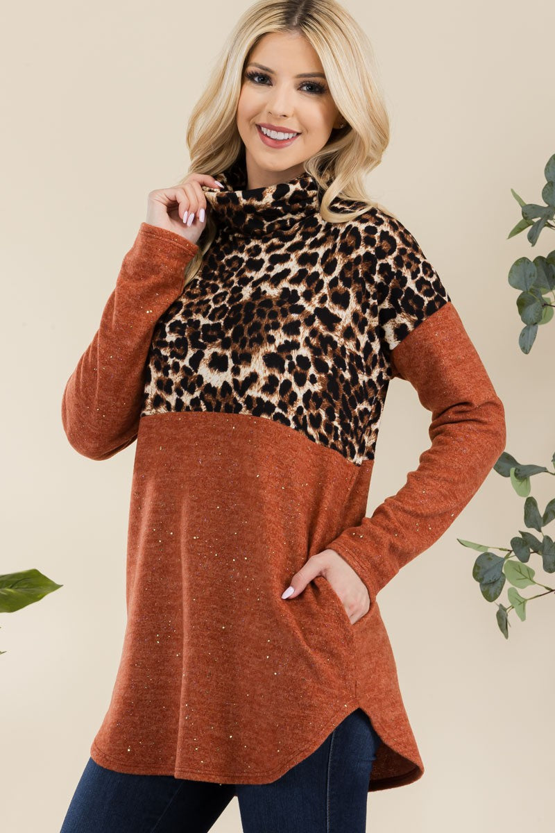 Celeste Full Size Curved Hem Leopard Turtleneck Long Sleeve Blouse-True and Wild