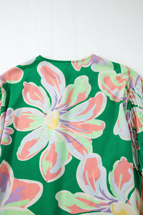 Green Floral Pleated Puff Sleeve Blouse-True and Wild