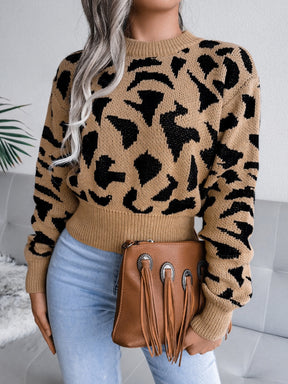 Leopard Round Neck Dropped Shoulder Sweater-True and Wild