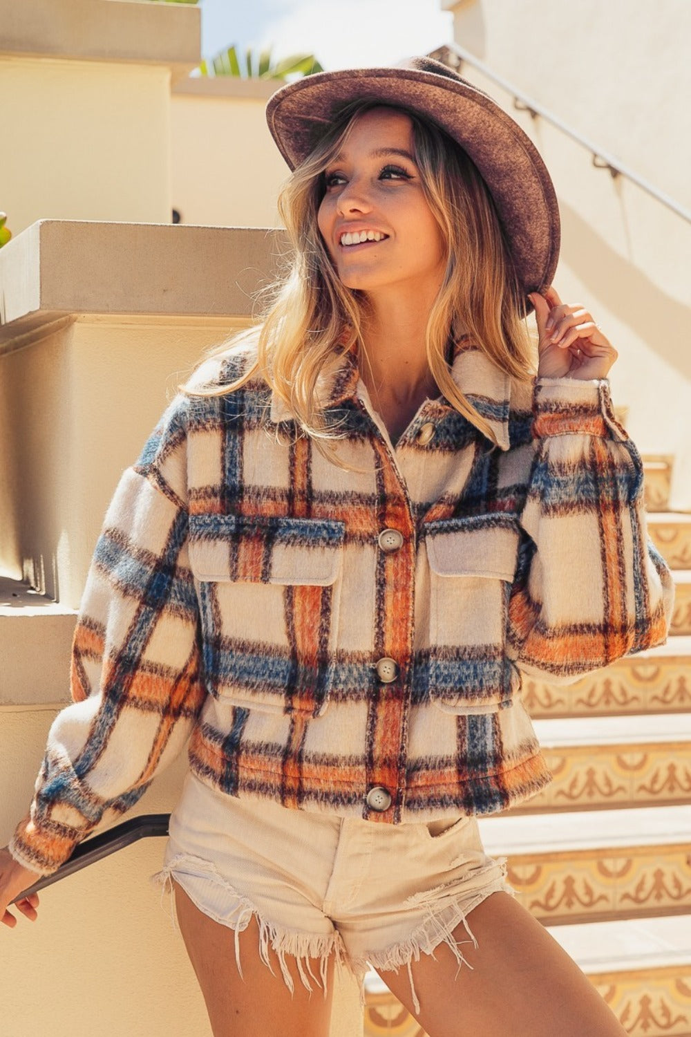 BiBi Brushed Plaid Crop Jacket with Pockets-True and Wild