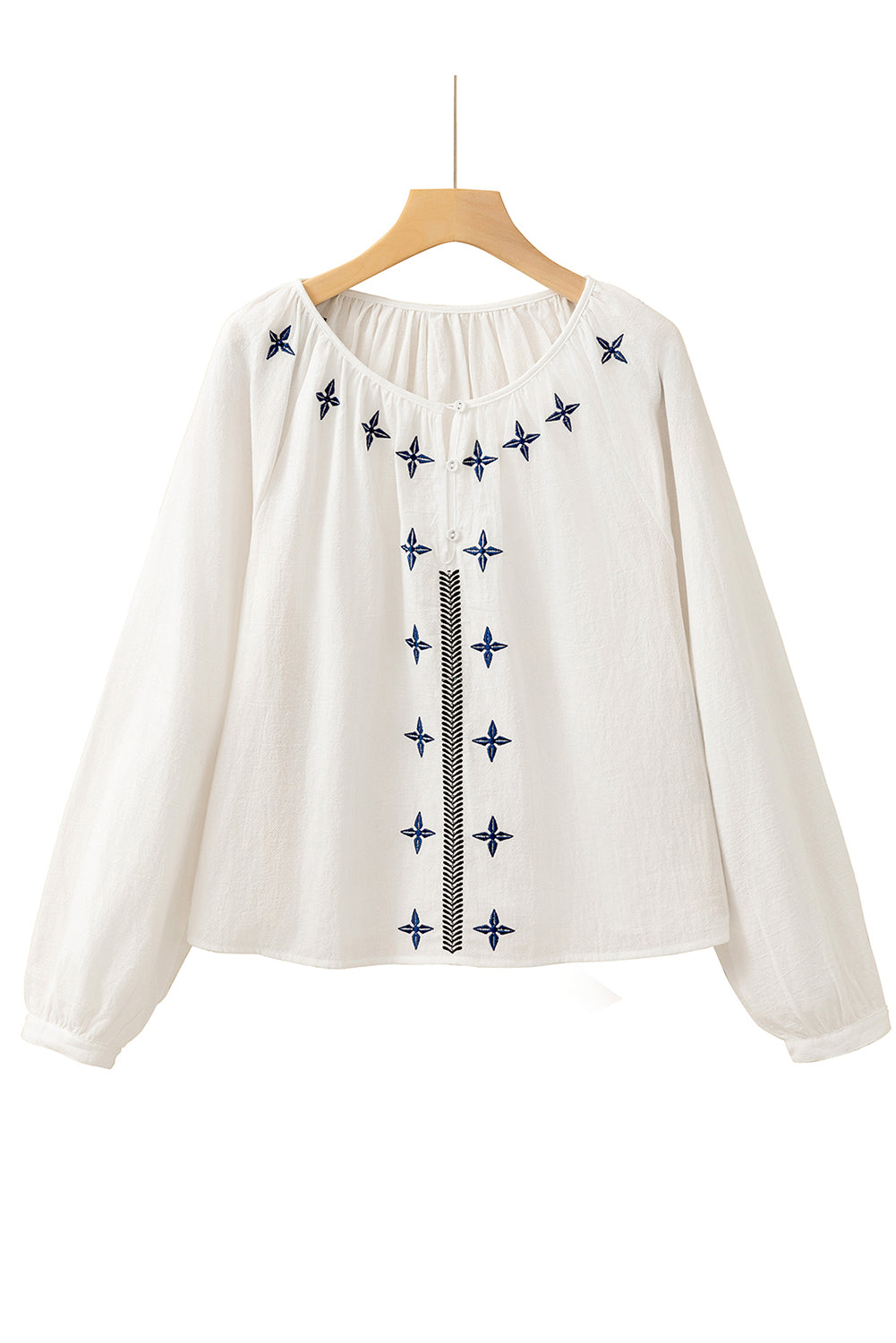 White Geometric Embroidered Crinkle Button Blouse